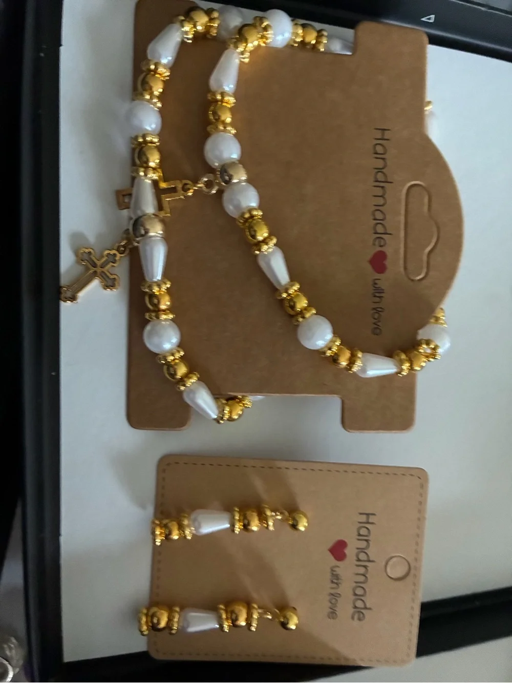 Gold & White Beaded Cross Bracelet, anklet and Earring Set